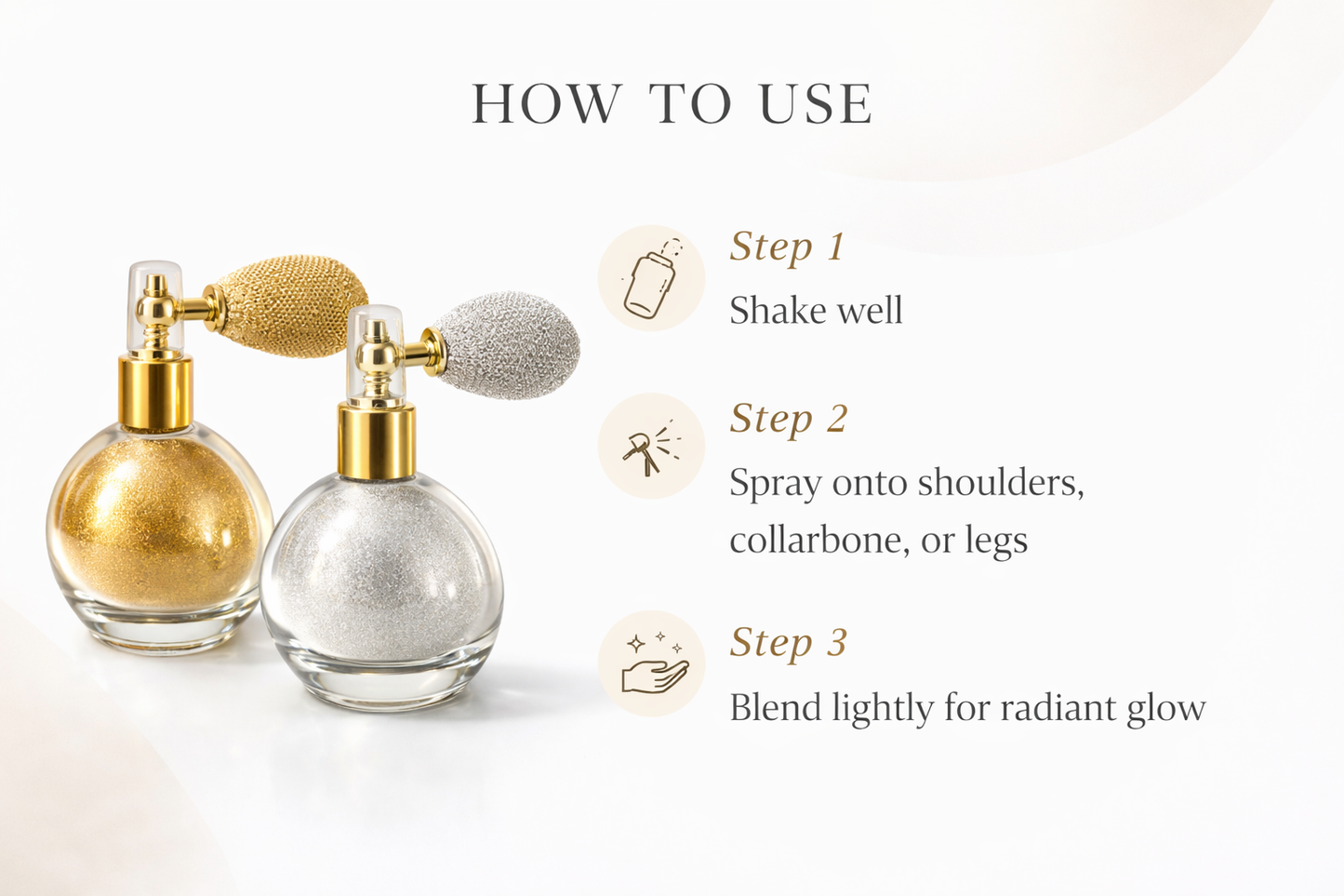 How to use luxury gold and silver body shimmer set instructions with application steps for body and hair glow
