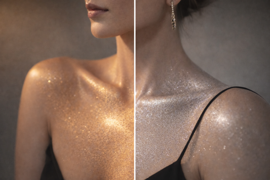 Model wearing gold body shimmer glow on shoulders and chest with radiant luminous finish