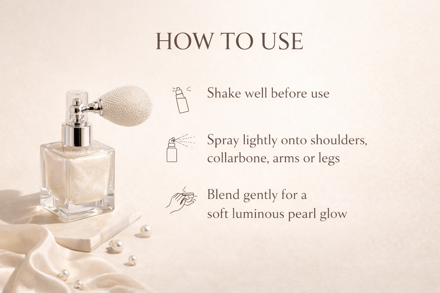 How to use luxury pearl white body shimmer spray instructions with step-by-step application guide