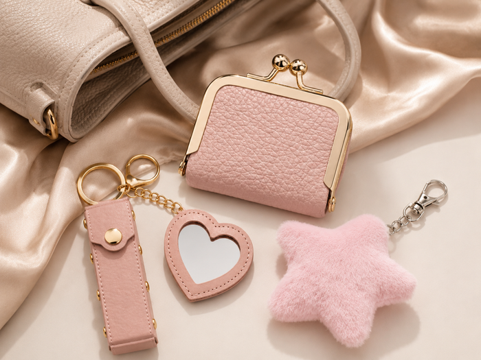 Mini purse, mirror keychain, and pom pom keychain styled as everyday bag essentials