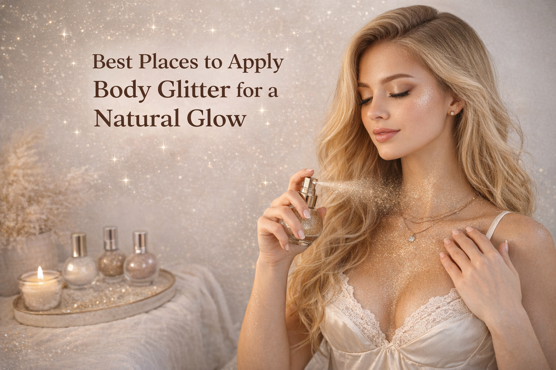 Natural body glitter glow on skin with soft shimmer placement for an elegant finish