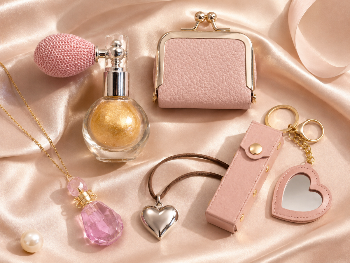 Best-selling Skyy Gifts body shimmer, jewelry, gift sets, and accessories styled on champagne satin