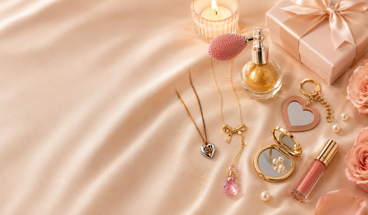 Date night gifts including body shimmer, heart jewelry, beauty accessories, and romantic glow essentials styled on champagne satin