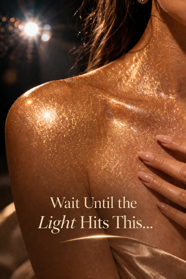 Luxury Gold Body and Hair Shimmer Powder styled for a warm golden glow
