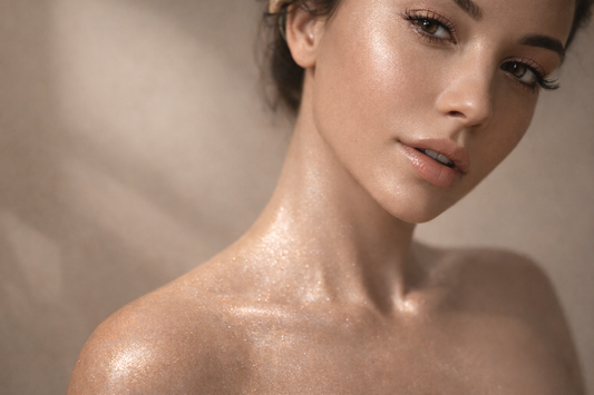Model wearing pearl white body shimmer glow on shoulders and collarbone with soft luminous finish