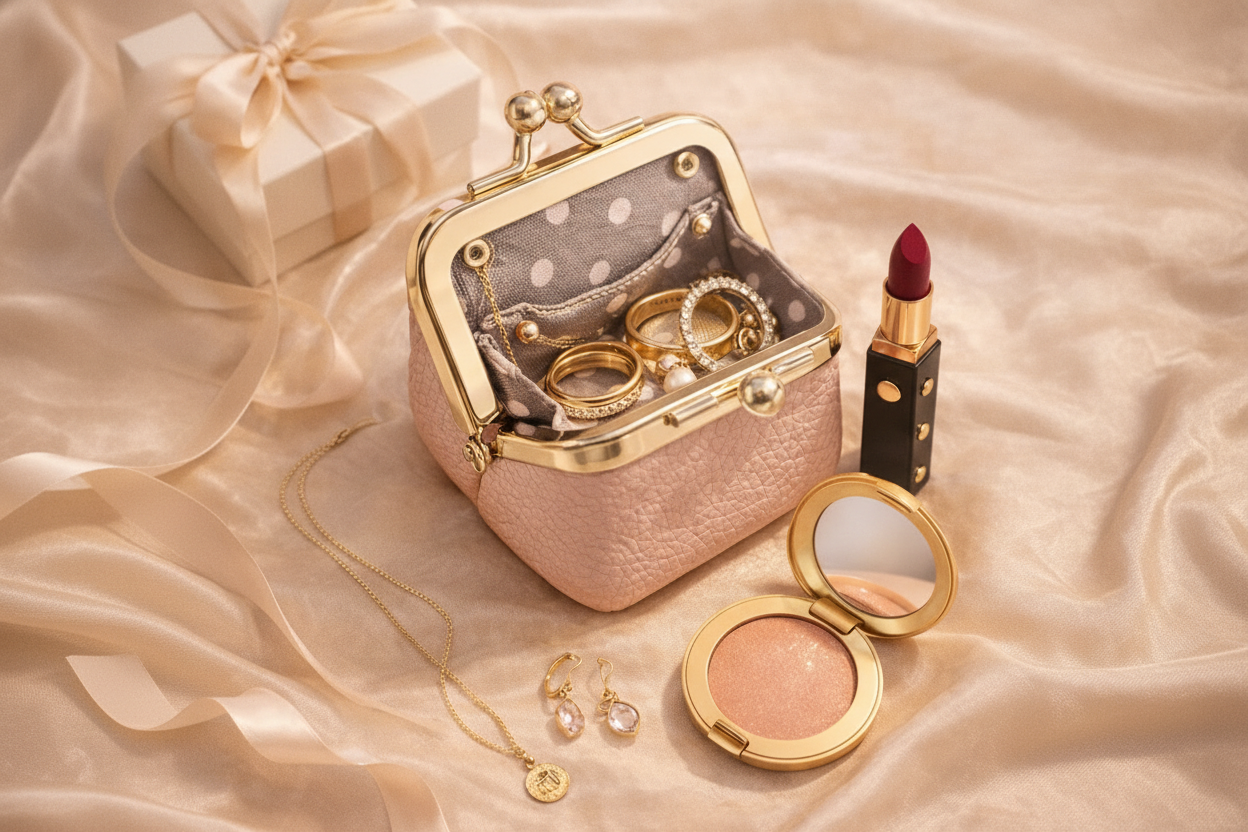 Mini jewelry organizer with rings, lipstick, highlighter, earrings, and gift box styled on champagne satin