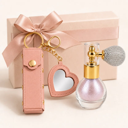 Birthday Glow Gift Set gift-ready presentation with soft pink shimmer atomizer and heart mirror lipstick holder keychain