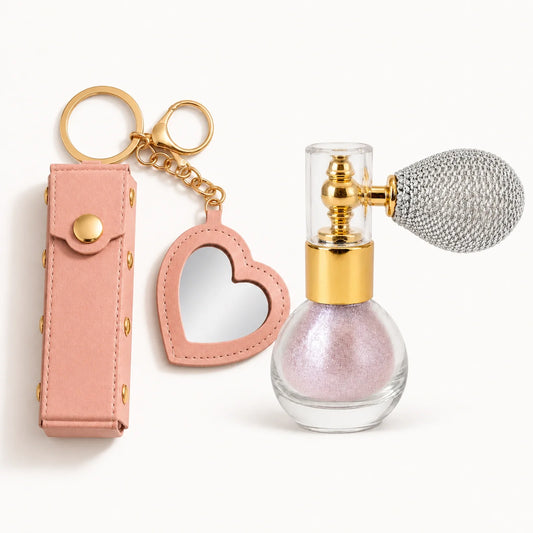 Birthday Glow Gift Set with soft pink shimmer atomizer and blush pink heart mirror lipstick holder keychain