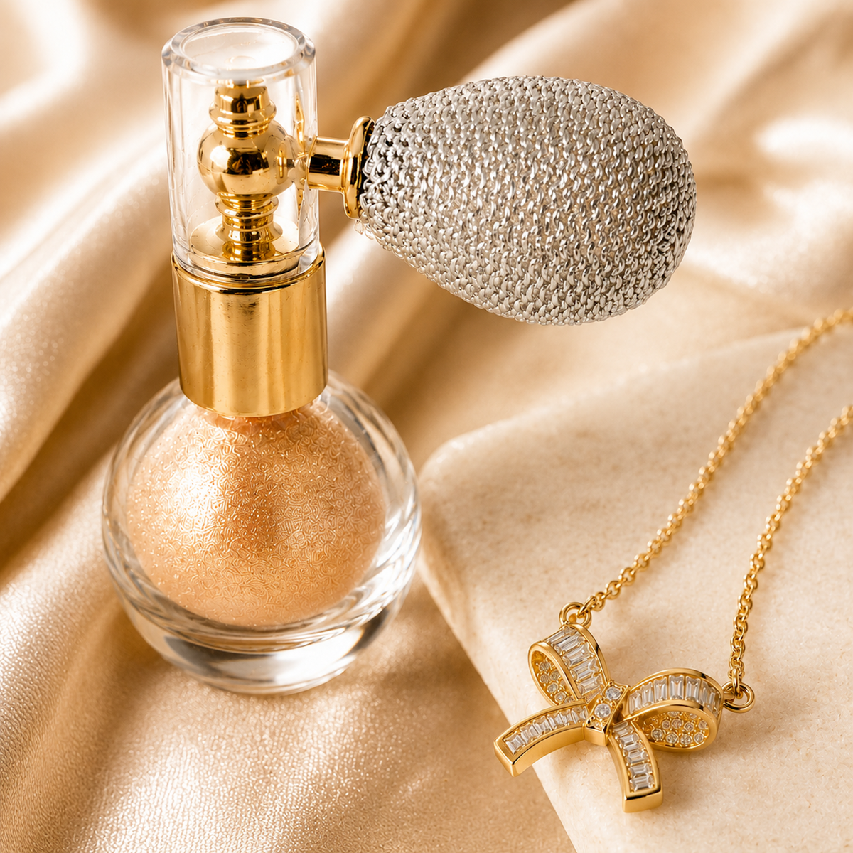Close detail of Champagne Date Night Glow Bundle shimmer atomizer and gold bow necklace