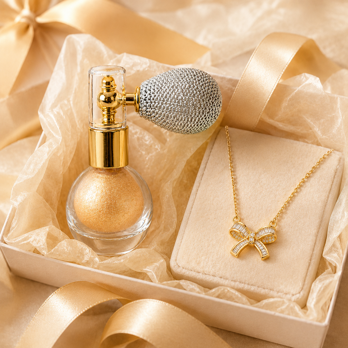 Gift-ready Champagne Date Night Glow Bundle with champagne shimmer atomizer and gold bow necklace