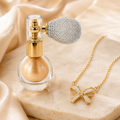 Champagne Date Night Glow Bundle with champagne shimmer atomizer and gold bow necklace