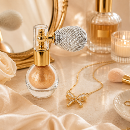 Champagne Date Night Glow Bundle styled with champagne shimmer atomizer and gold bow necklace