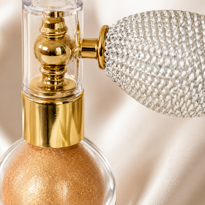 Close-up detail of Champagne Rose Gold Body and Hair Shimmer Powder atomizer