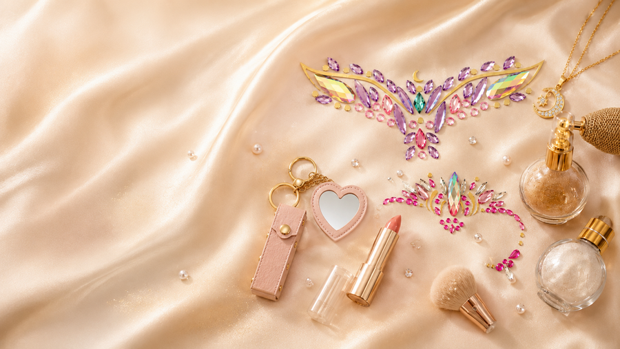 Makeup items and decorative accessories on a satin surface