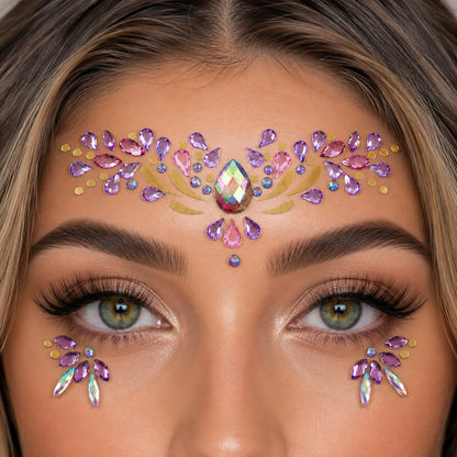 Pink and Purple Festival Face Gems worn on model