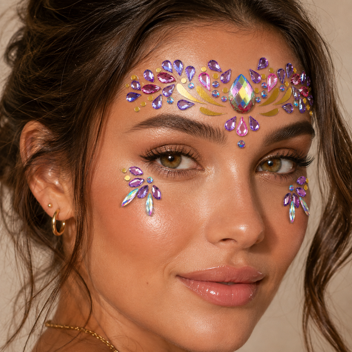 Pink and Purple Festival Face Gems fit and scale reference