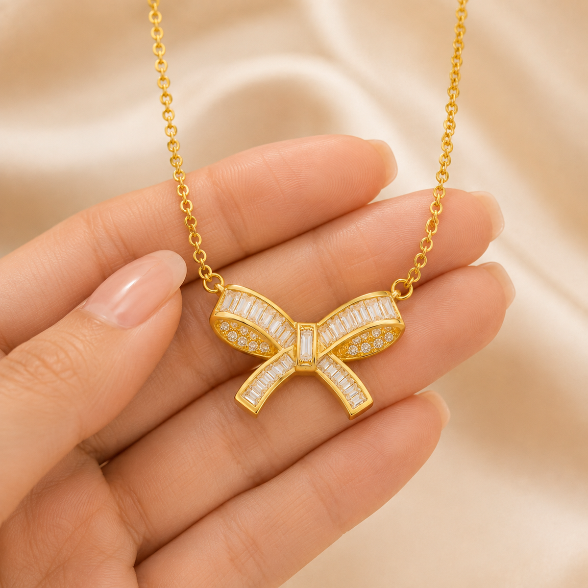 Gold Bow Pendant Necklace for Women Default Title showing scale and fit