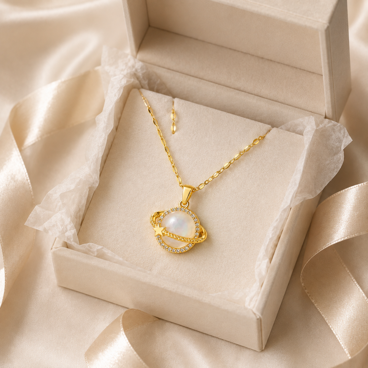 Gold Celestial Planet Pendant Necklace gift-ready presentation