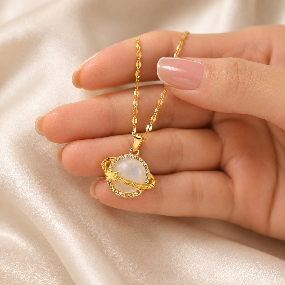 Gold Celestial Planet Pendant Necklace handheld scale reference
