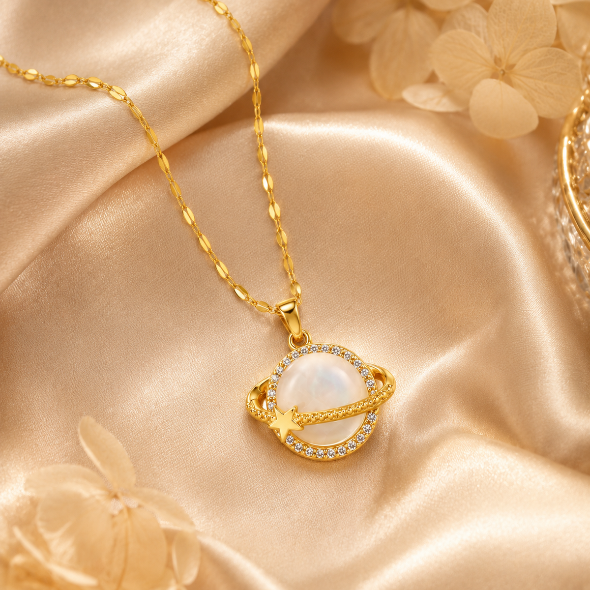 Gold Celestial Planet Pendant Necklace lifestyle styling image