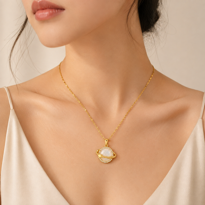 Gold Celestial Planet Pendant Necklace worn on model