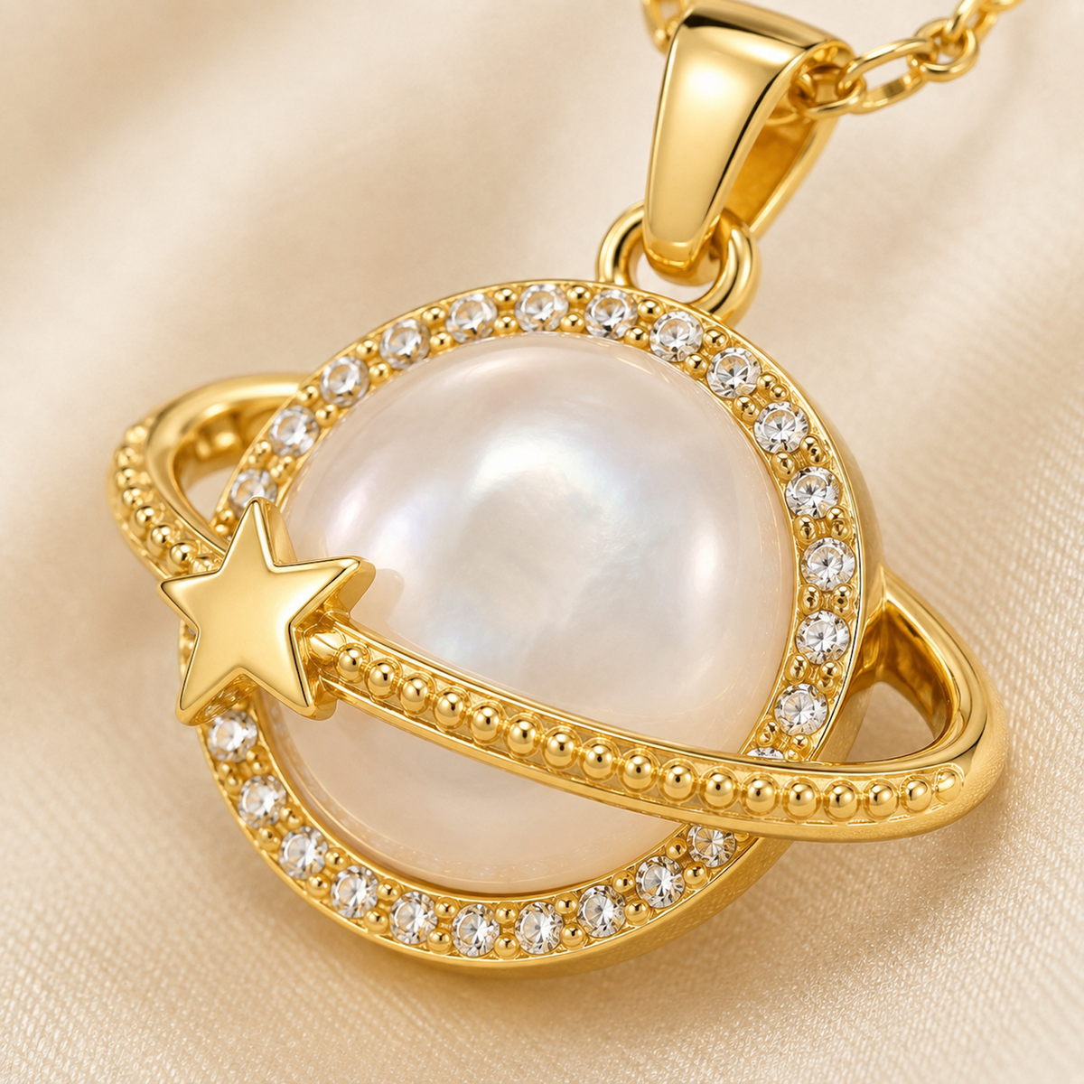 Gold Celestial Planet Pendant Necklace macro detail