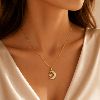 Gold Moon & Star Pendant Necklace lifestyle flatlay