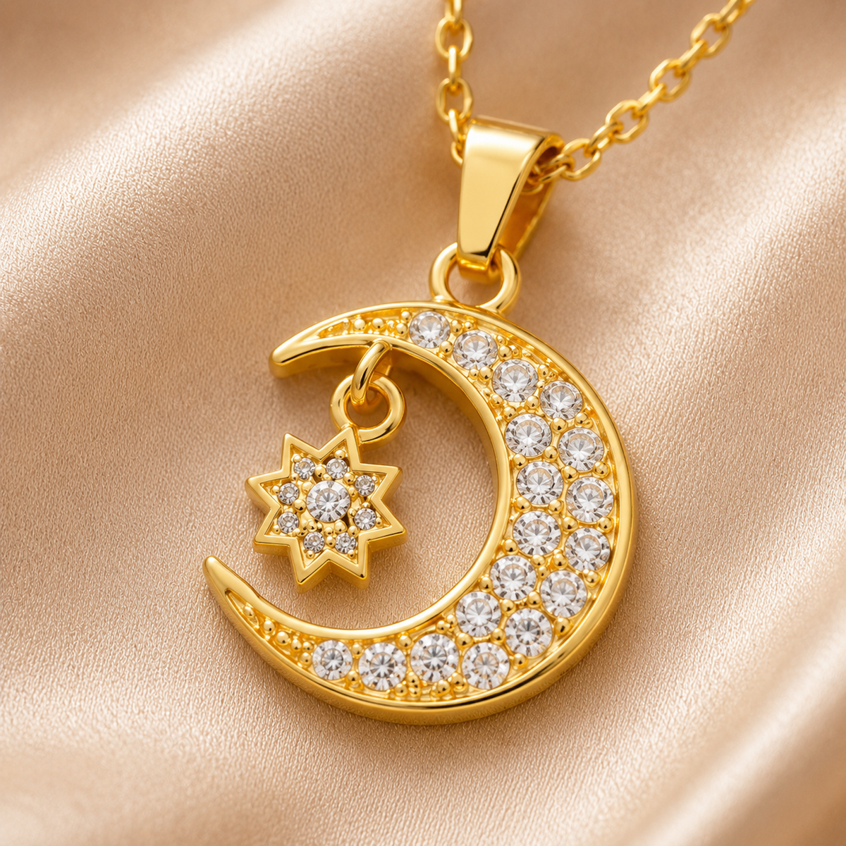 Gold Moon & Star Pendant Necklace in jewelry box