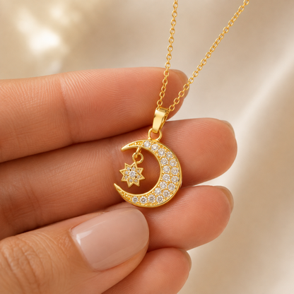 Gold Moon & Star Pendant Necklace macro detail