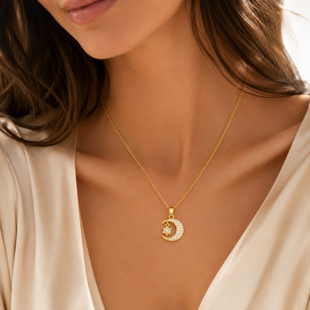 Gold Moon & Star Pendant Necklace worn by model