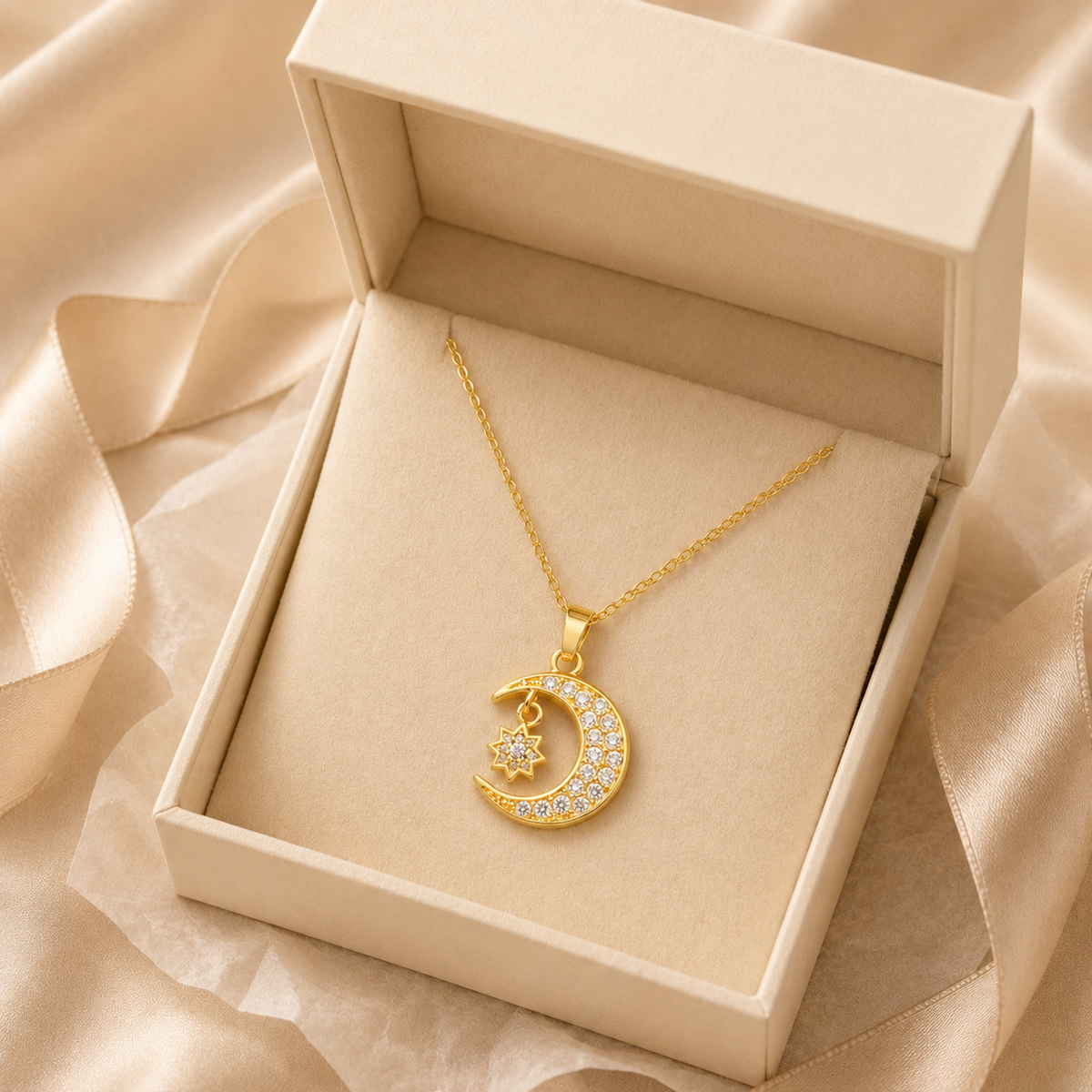 Gold Moon & Star Pendant Necklace handheld scale view