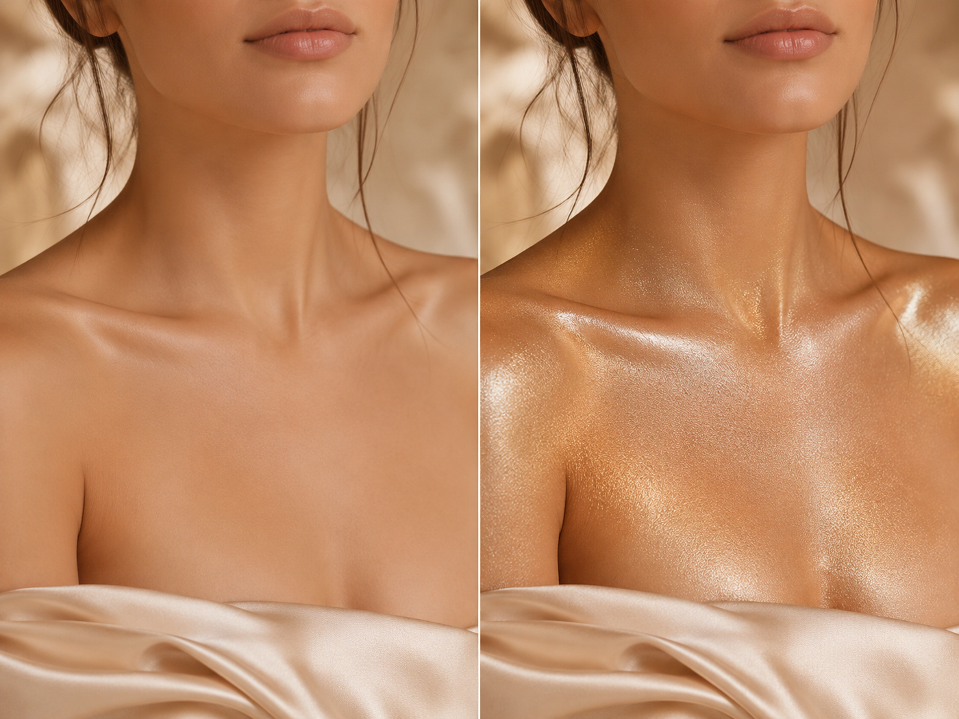 Body shimmer before and after soft luxury glow