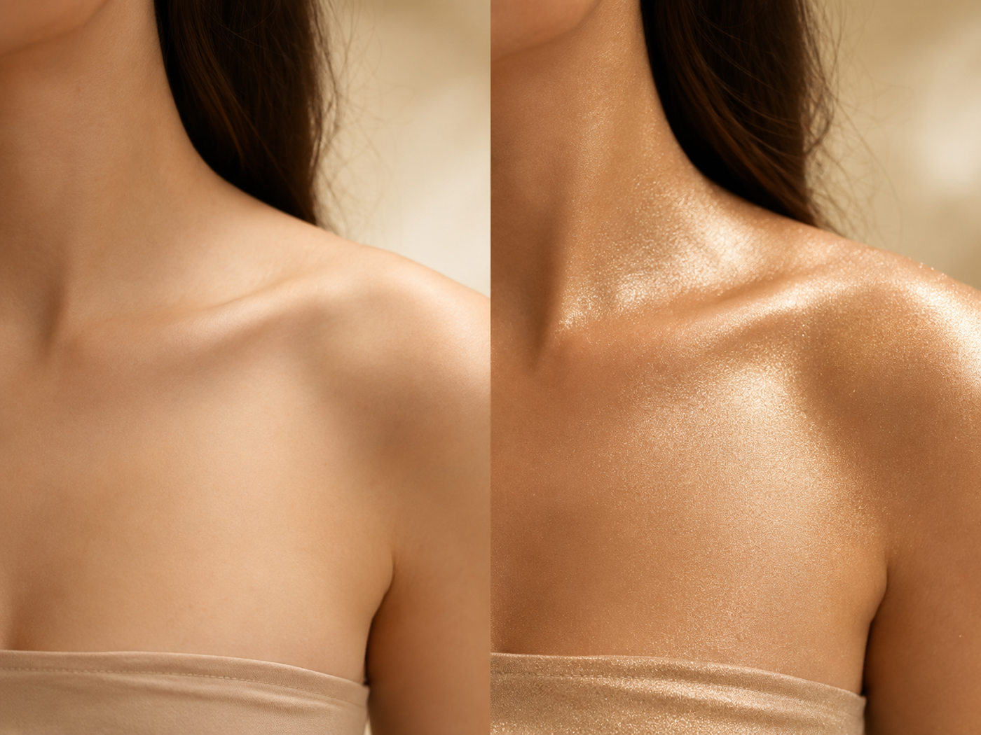 Body shimmer before and after soft luxury glow