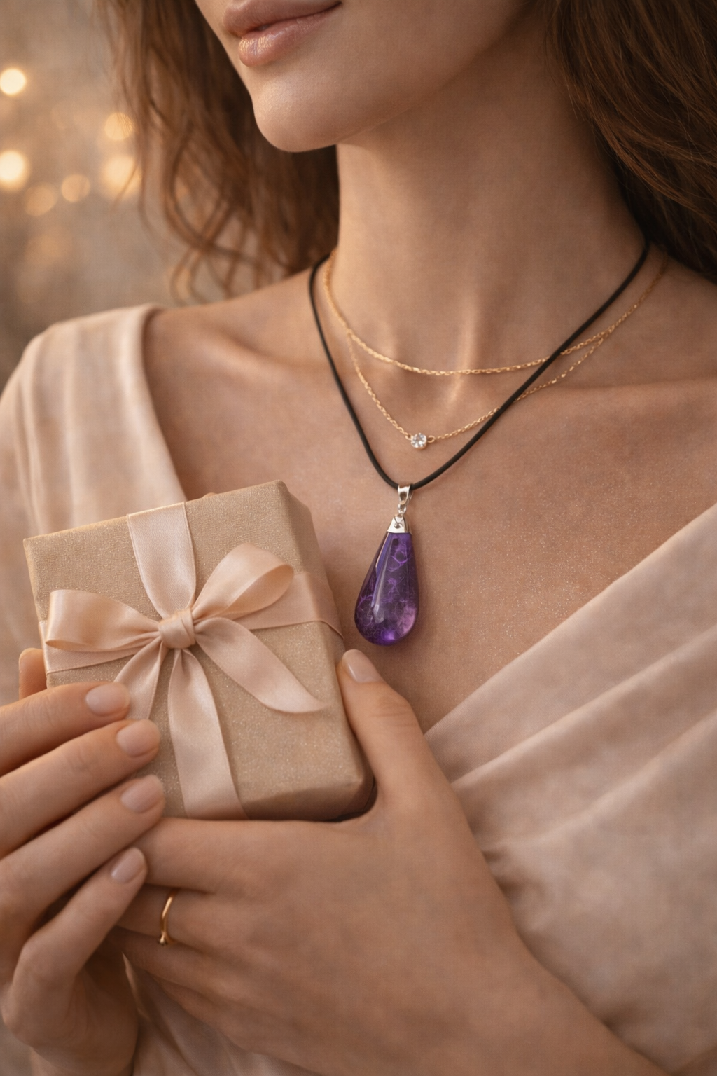 Gift box and purple pendant necklace styled for thoughtful Skyy Gifts gift pairings