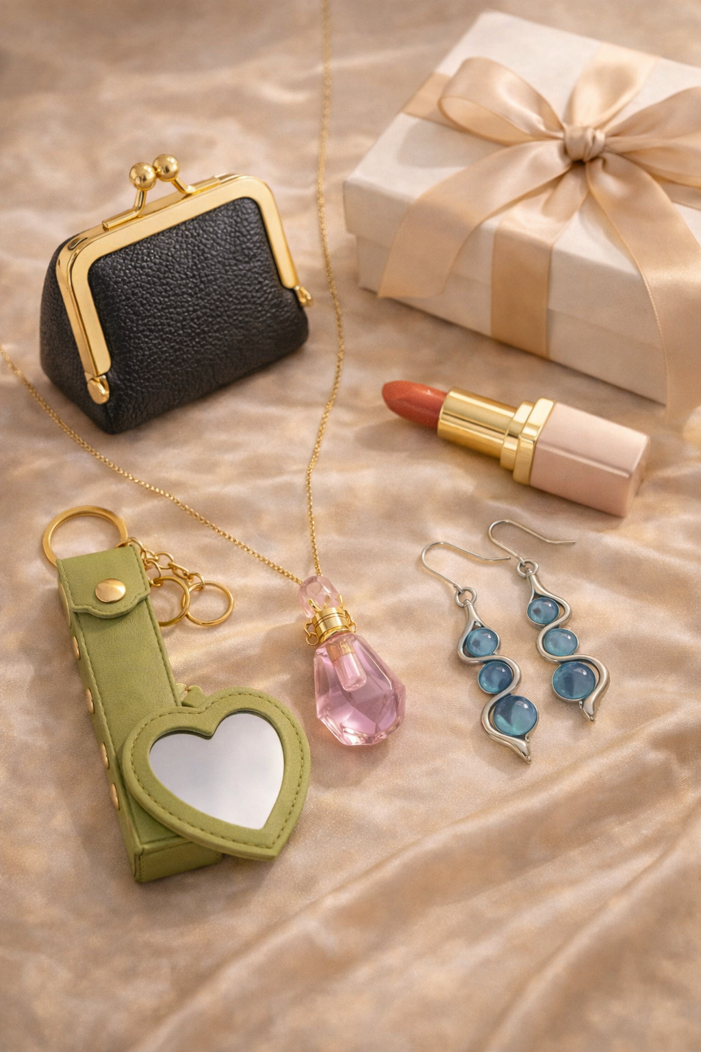 Mini purse, lipstick, keychain, earrings, and necklace styled as Skyy Gifts gift add-ons
