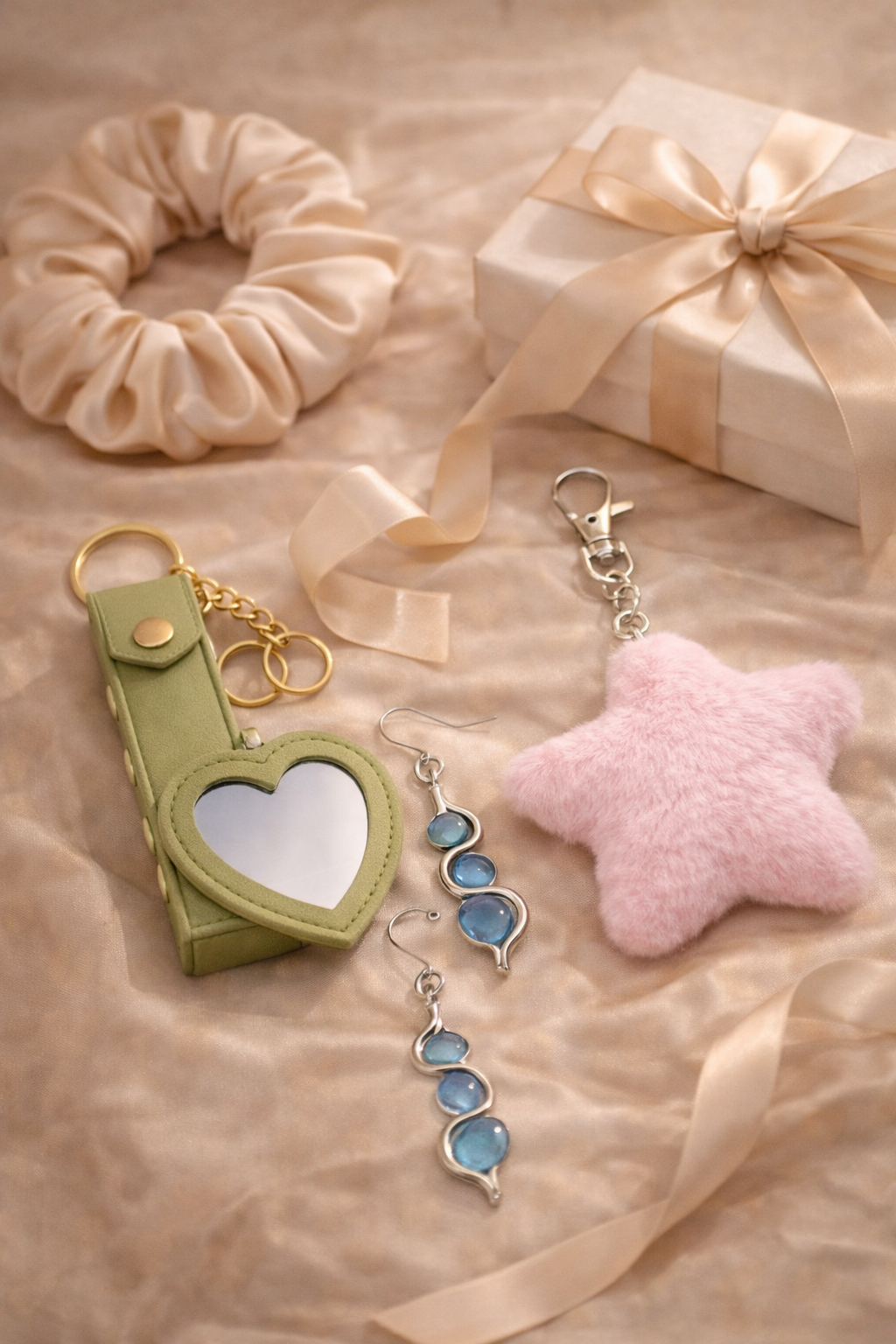 Scrunchie, gift box, keychain, and jewelry styled as Skyy Gifts cart add-ons