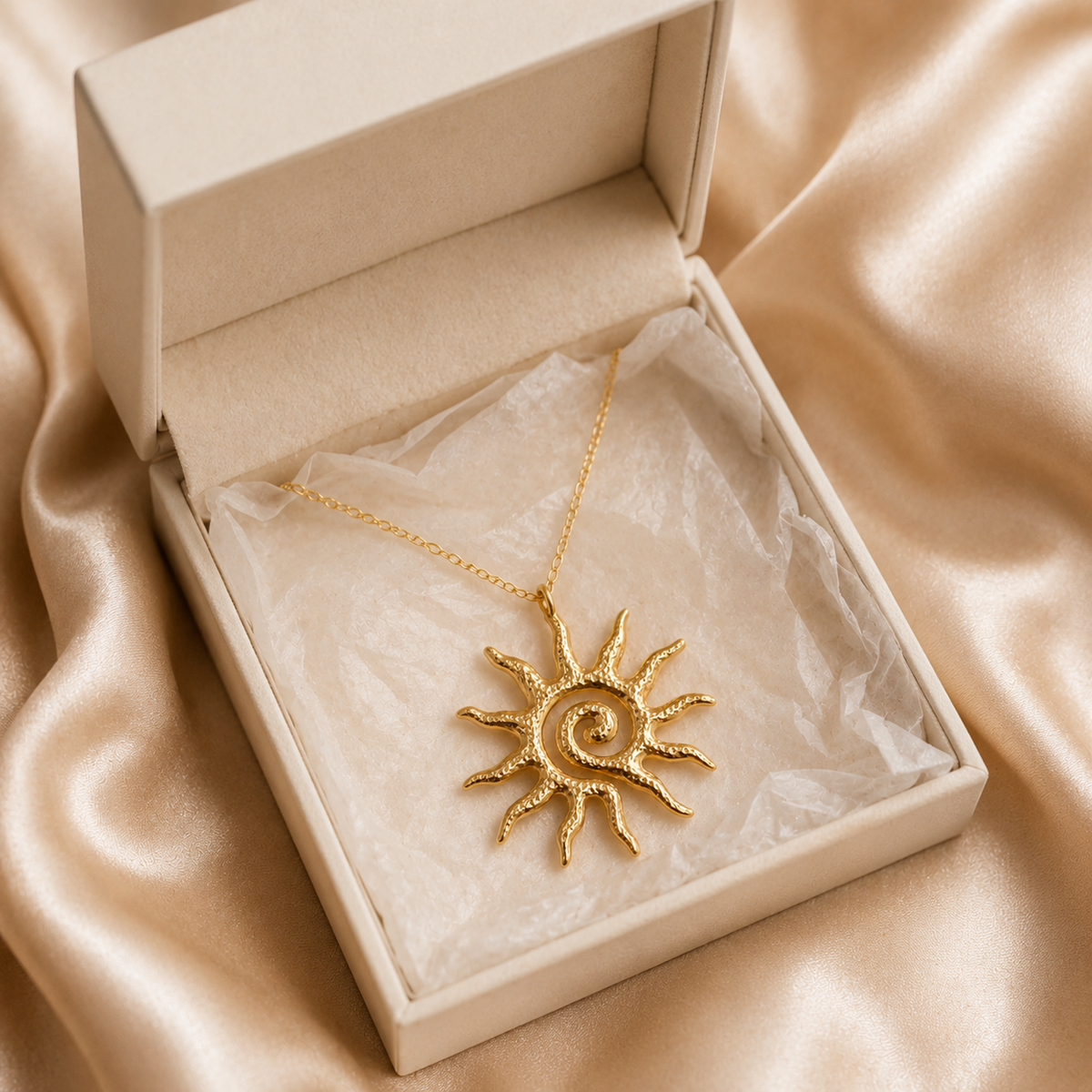 Gold Sun Pendant Necklace gift-ready presentation