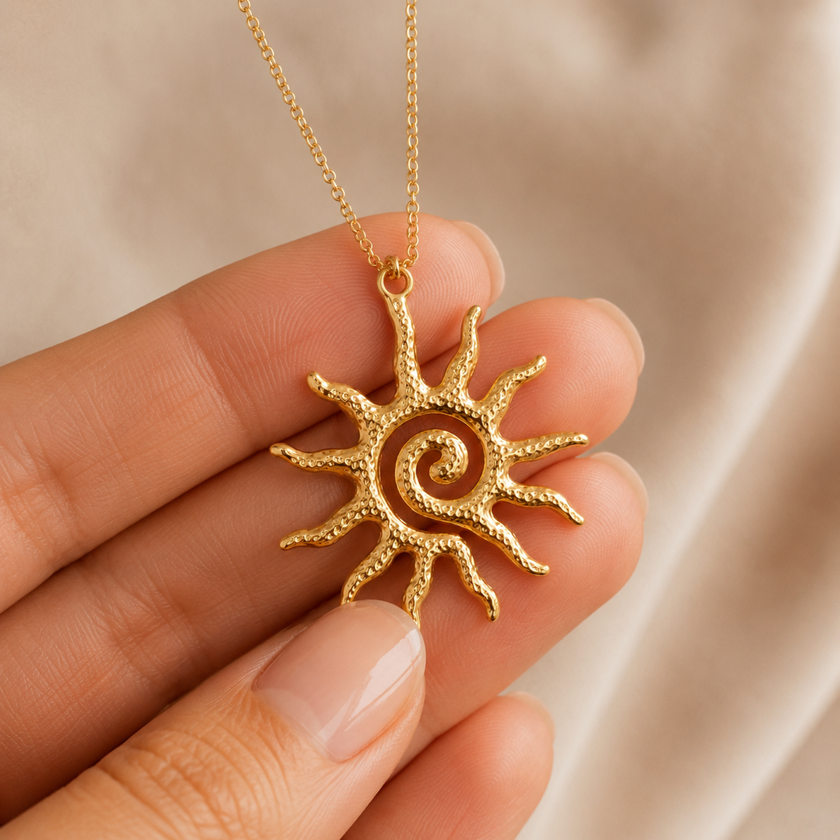Gold Sun Pendant Necklace scale and fit image