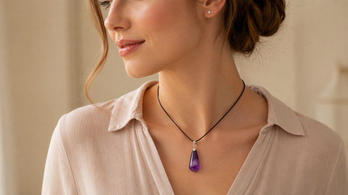 Purple Crystal Pendant Necklace styled as everyday jewelry