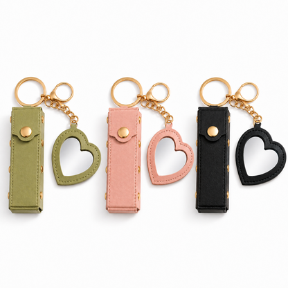 Lipstick Holder and Mini Heart Mirror Keychain color comparison in green, pink, and black
