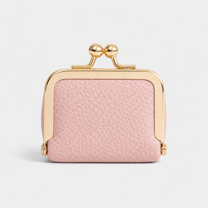 Mini Leather Coin Purse Wallet clean product view in pink with gold kiss-lock clasp