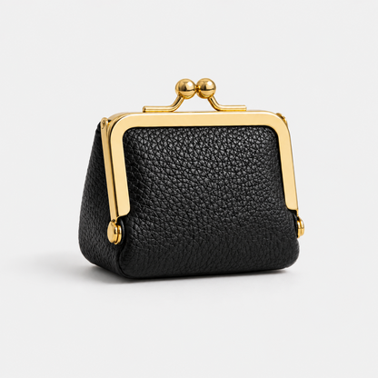 Mini Leather Coin Purse Wallet black variant showing pebbled leather texture and gold kiss-lock hardware