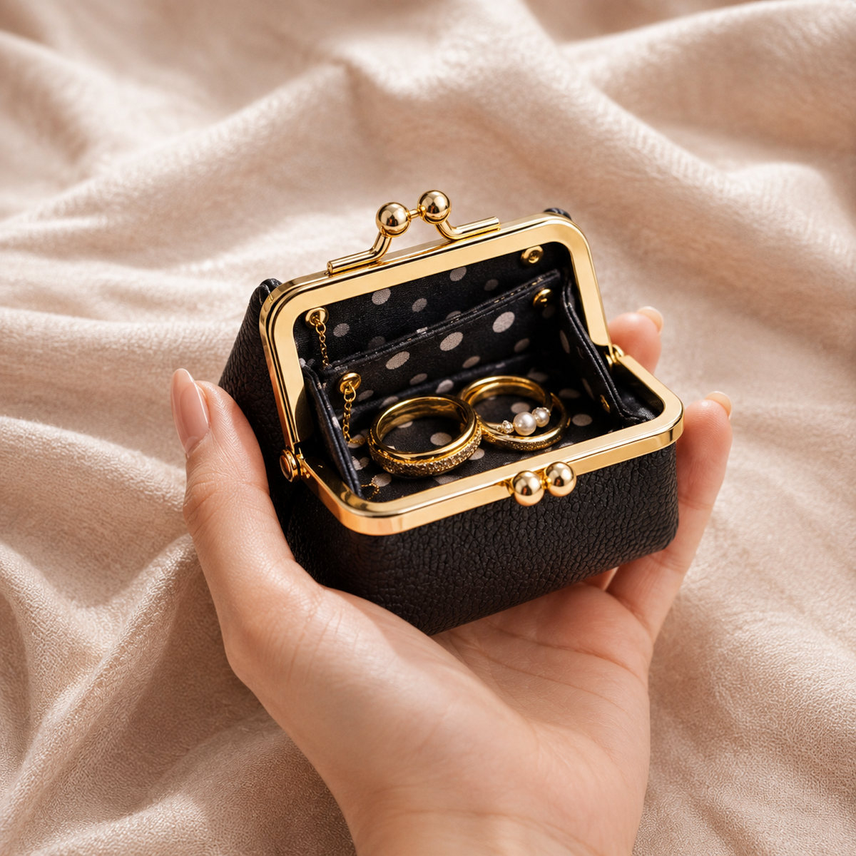 Mini Leather Coin Purse Wallet black variant open in hand showing compact jewelry storage