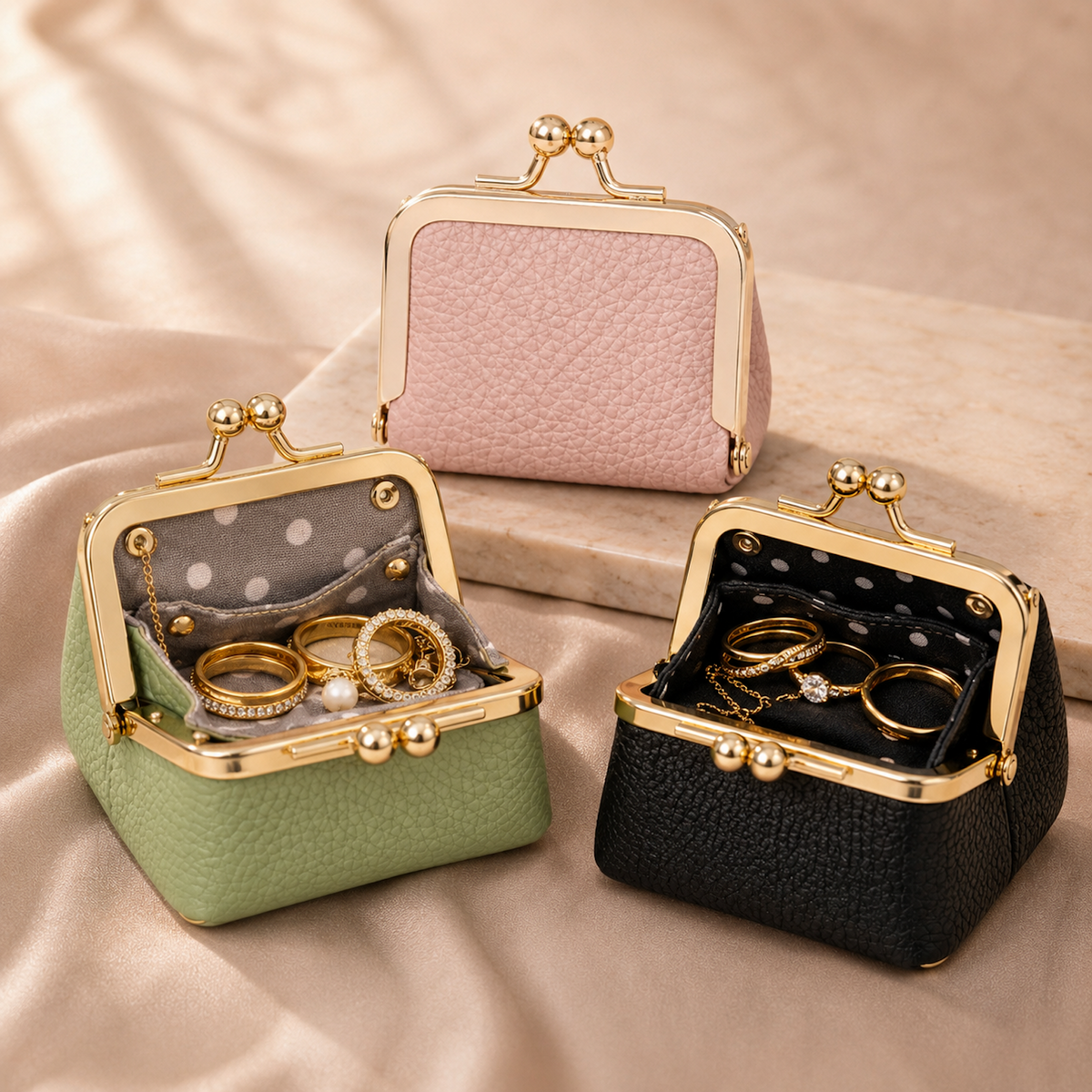 Mini Leather Coin Purse Wallet hero shot showing pink, green, and black kiss-lock variants