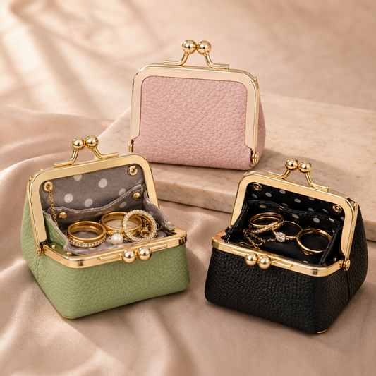 Mini Leather Coin Purse Wallet hero shot showing pink, green, and black kiss-lock variants