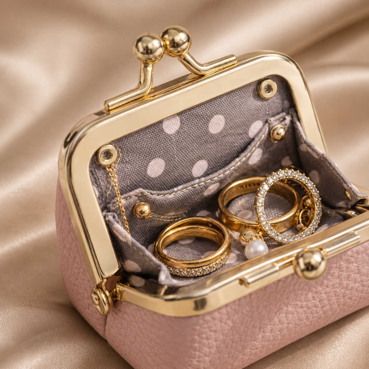 Mini Leather Coin Purse Wallet open in pink showing interior lining, inner pocket, and jewelry storage