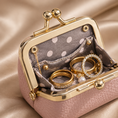 Mini Leather Coin Purse Wallet open in pink showing interior lining, inner pocket, and jewelry storage