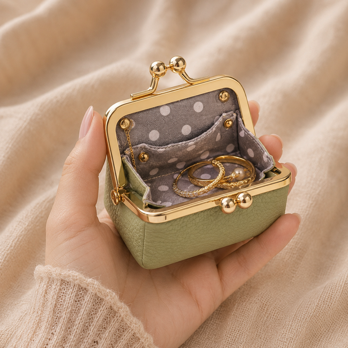 Mini Leather Coin Purse Wallet green variant open in hand showing compact jewelry storage