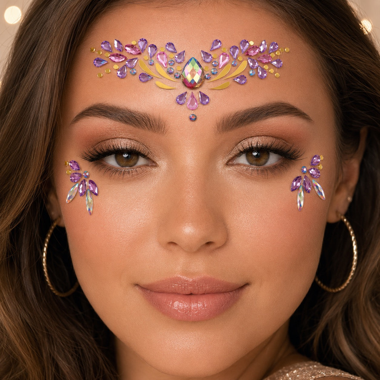 Pink and Purple Festival Face Gems worn in a soft glam festival makeup look