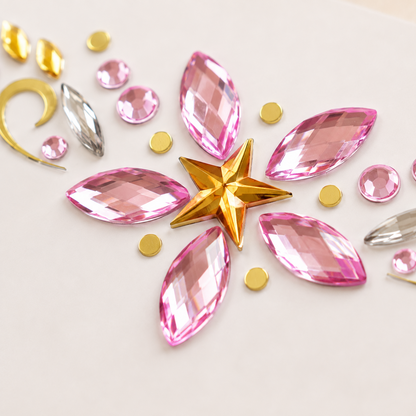 Close-up detail of Pink Star Festival Face Gems with pink crystals and gold star